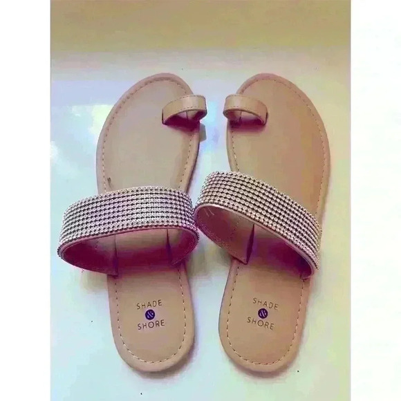 Shade & Shore Women's Embellished Rhinestone Slide Sandals Tan Size 8 - Picture 3 of 4